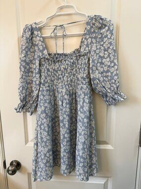 Reformation Dusty Blue Ditsy Floral Smocked Dress